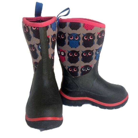 Kid's MUCK BOOTS Black Rubber Owl Pattern Boots Sz 8 Youth Child - Picture 1 of 9
